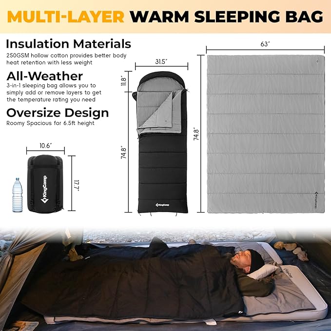 KingCamp Sleeping Bag for Adults, XL Size for Big & Tall Individuals, 3-4 Season Sleeping Bag Cold & Warm Weather, 100% Cotton Lining, Compact with Compression Sack for Backpacking, Camping, Hiking