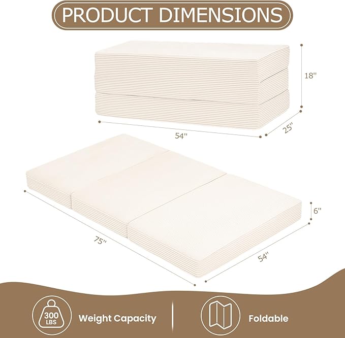 6-Inch Tri-Fold Mattress Full Size - Foldable Futon Sofa Bed with Removable Washable Cover, Folding Memory Foam Futon Mattress | Non-Slip Bottom & Carry Handles for Guest, Camping, Dorm