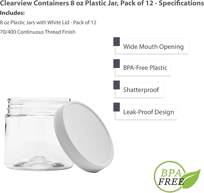 Plastic Storage Jars with Leak Proof Lids, BPA Free, Hand Wash Only (8oz Jar, 12PK)
