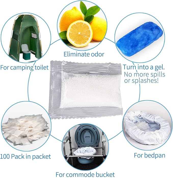 Pack of 100 Super Absorbent Pads Gel for Commode Liners – Gel for Standard Bedside Commode and Bedpan Liners, Liquid Waste Gel Eco for Commode Chairs, Portable & Camping Toilet, Bed pan