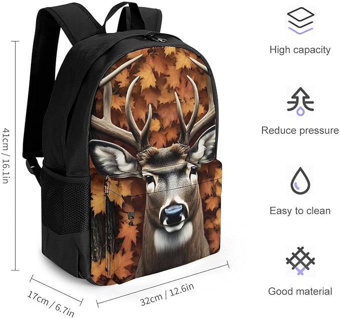 Supdreamc Men Women Polyester Fall Maple Leaves Hunting Camo Tree Deer Backpack Large Capacity Bookbag With Smooth Zippers for Climbing Picnic Bicycle