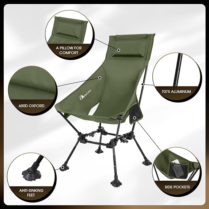 MOON LENCE High Back Folding Camping Chairs, Adjustable Height Beach Chair with Anti-Sinking Feet & Widened Seat (Green)