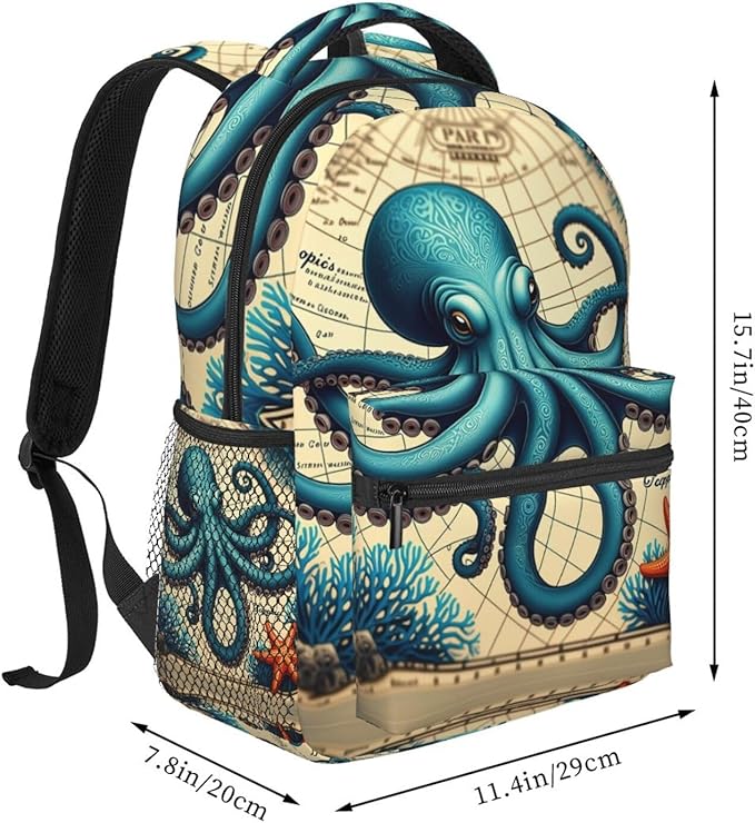 Rucksack Anti-Theft Multipurpose Big Capacity Carry On Bag, Retro Octopus Art Traveling Camping Backpack With Side Pockets