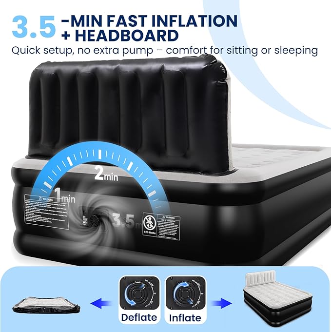 Queen Air Mattress with Headboard, Built-in Pump, 19" Raised Upgraded Comfort, 800 lbs Heavy-Duty Support, 48-Hour Leak-Tested, 3.5 Min Inflatable Portable Blow Up Mattress for Home, Guest & Camping