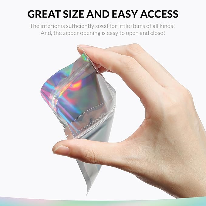 Mylar Bags with Zipper Seal 4.5" x 6.5" | 100 Bags | Rainbow Holographic | Sealable Heat Seal Bags for Candy and Food Packaging, Medications and Vitamins | For Liquid and Solids (4.5" x 6.5")