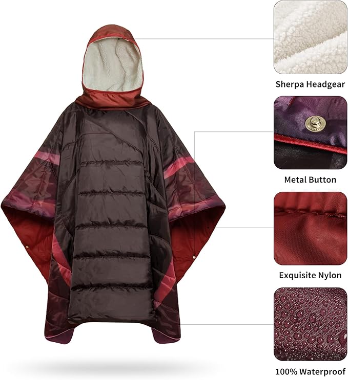Camping Blanket, Poncho Wearable Hoodie Blankets Outdoor Waterproof Windproof