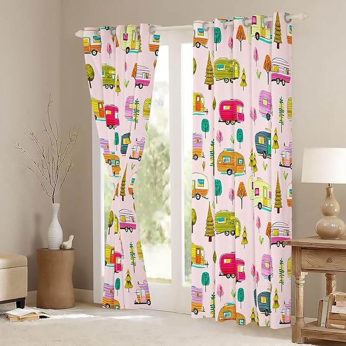 Feelyou Pink Camper Camping Curtains for Bedroom Living Room RV Travel Trailer Blackout Darkening Drapes Camping Theme Window Treatments, 2 Panels 52 x 96 Inch Room Decor