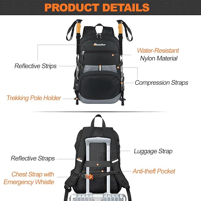 Seektop Lightweight Travel Backpack for Men Women, Multiple Pockets 40L Hiking Backpack Foldable Carry on Backpack for Outdoor Camping Sport Leisure (Black)