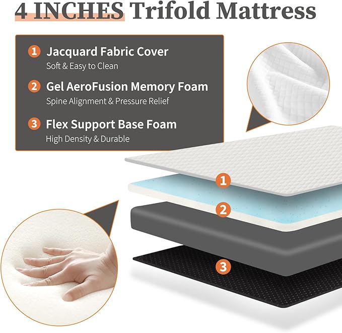 Sweetcrispy Tri-fold Memory Foam Mattress - 4 Inch Single Size Portable Bed Pad, Foldable Floor Mat, Collapsible and Washable Cover with CertiPUR-US Certified, for Travel & Camping & Yoga
