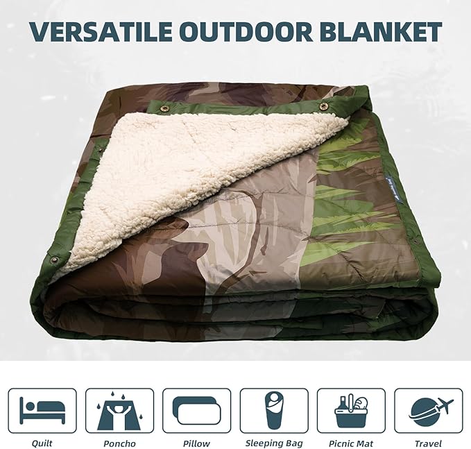 Outdoor Camping Blanket with Sherpa Lining, Extra Warm Thick Camp Blankets and Puffy Ultralight Soft Poncho DWR Camping Quilt for Cold Weather, Adventure, Sleeping, Backpacking 78"x 56"