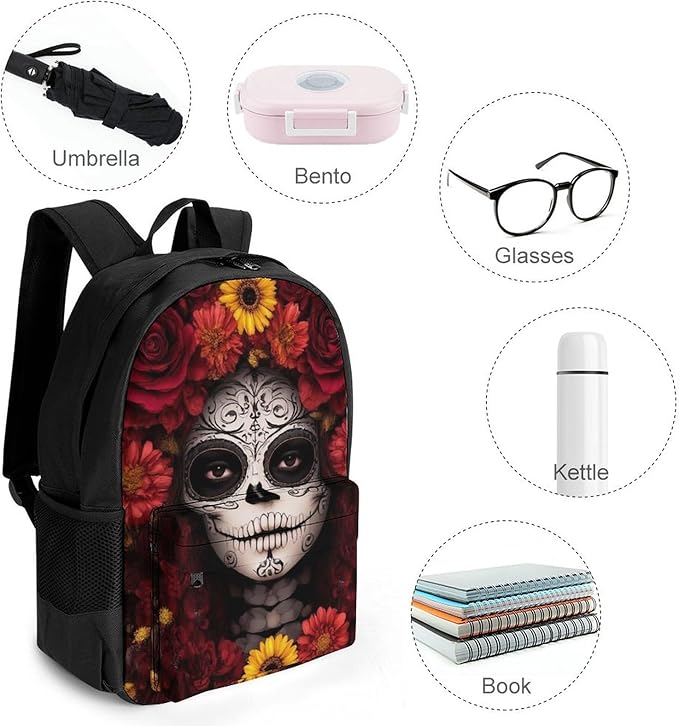 Backpack Multipurpose Anti-Theft Large Capacity Bookbag, Mexican Day Of The Dead Sugar Skull Floral Women Art Travel Hiking Daypack With Side Pockets