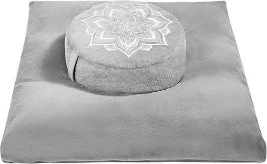 Meditation Zafu Cushion Set with Buckwheat Hulls & Memory Foam - Ergonomic Support for Yoga & Sitting - Removable Machine-Washable Luxury Velvet Cover - for Adults and Kids (Grey)