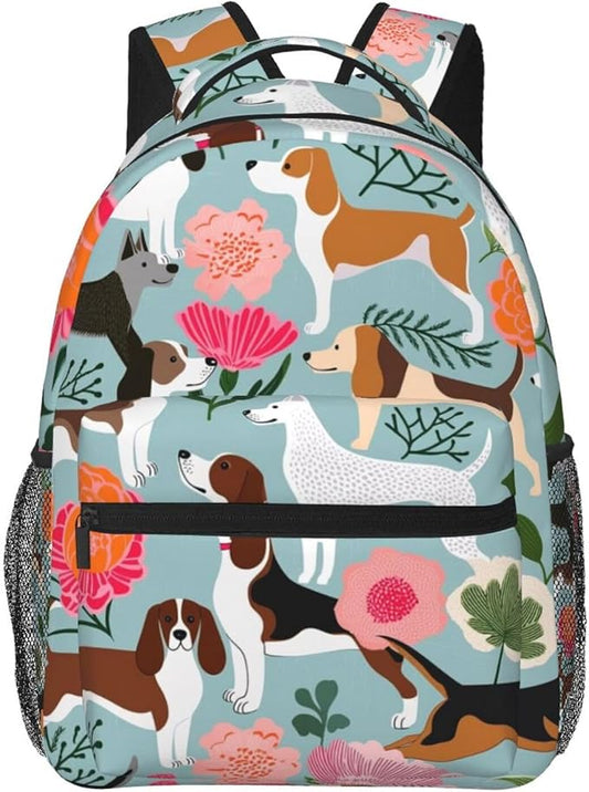 Polyester Daypack Backpack for Sports Travel Running, Big Capacity Anti-Theft Multipurpose Carry On Bag, Sweet Basset Hound Dog And Vintage Florals Laptop Book Bag Rucksack