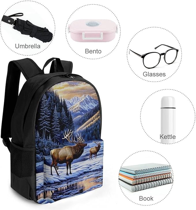 Supdreamc Daypack Backpack Anti-Theft Multipurpose Big Capacity Bookbag, Elk Winter Snow Business Computer Bag With Side Pockets