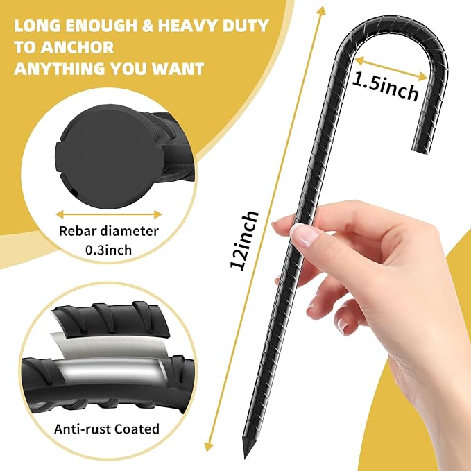 Necneecu16 Pack Rebar Stakes, 12 Inch J Hook Heavy Duty Ground Stakes for Canopy Tent Trampoline and Chain Link Fence Rust Proof Coated Steel Ground Stakes Ground Anchors (Black)