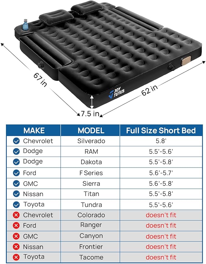 JOYTUTUS Truck Bed Air Mattress for 5.5-5.8Ft with Built-in Air Pump,Full Size Short Beds Inflatable Mattress for Outdoor Camping, with Carry Bag & Cup Holder, Black