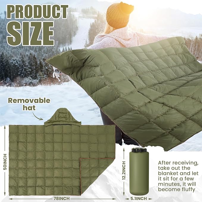 Hooded Down Camping Blanket Waterproof 650 Fill Puffy Poncho Blanket 77" x 50" Packable Wearable Sleeping Bag with Detachable Hat Outdoor Stadium Camping Cold Weather, 1.36 lb(Olive Green)