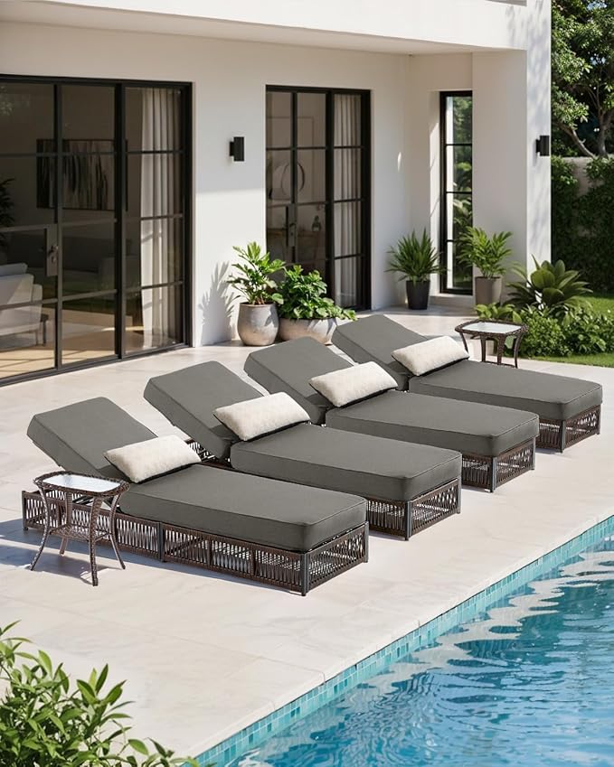 Luxury Outdoor Chaise Lounges with 5 Inch Thickened Cushions - Set of 4 High Back Brown Wicker Patio Recliners Rattan Reclining Chairs Porch Poolside Pool Sunbathing Lounger- Grey