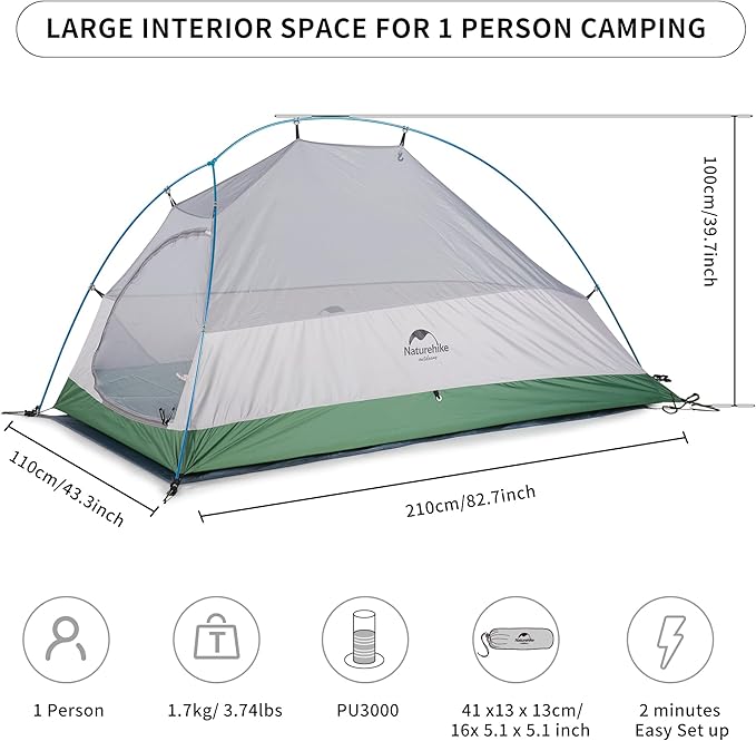 Naturehike Cloud Up 1 Person Tent, Lightweight Backpacking Tents for One Man, Waterproof Ultralight One Person Tent for Camping Hiking Backpacking
