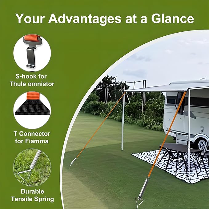RV Awning Tie Down Kit, Campers Awning Anchors Accessories, Wind Protection RV Awning Anchor Kit, Includes Ratchet Strap, Buffer Tension Spring and Storage Bag for Most Campers Outdoor Camping