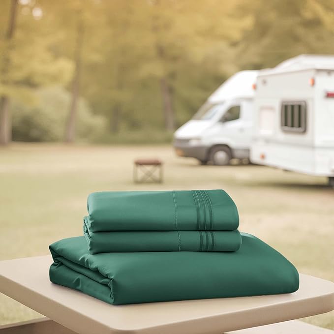 Hearth & Harbor Short Queen Sheets for RV, Dark Green RV Queen Sheets, Silky Soft 1800 Microfiber Bed Sheet for Camper, 4 Piece RV Bedding with Pillowcases