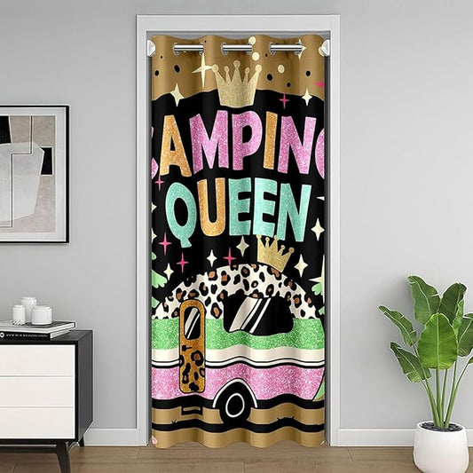 Cartoon Camper Kids Door Curtain,Crown Leopard Starry Princess Blackout Curtain,Rustic Pine Tree RV Trailer Bedroom Doorway Living Room Decor,Pink Green Privacy Door Drape 1 Panel,52" W X 80" L