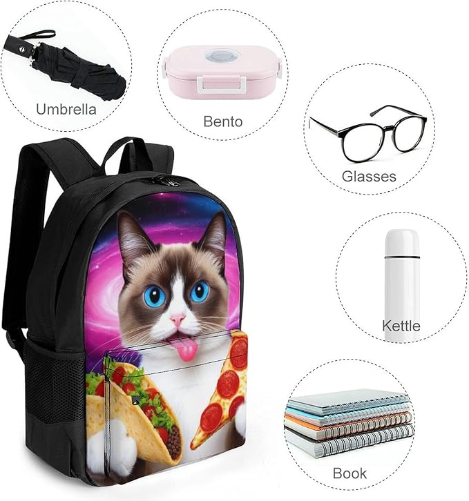 Supdreamc Polyester Daypack for Hiking Work Running, Big Capacity Anti-Theft Multipurpose Shoulder Bag, Funny Cute Galaxy Cat Taco Pizza Travel and Sport Backpack Rucksack