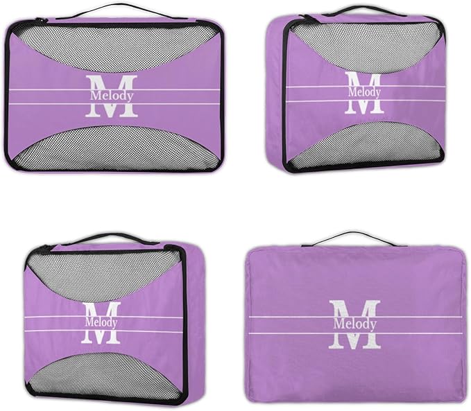Custom Packing Cubes with Name - 4 Piece Packing Cubes Compression Luggage Suitcase Organizer Set, Lavender Purple with Initial Letter
