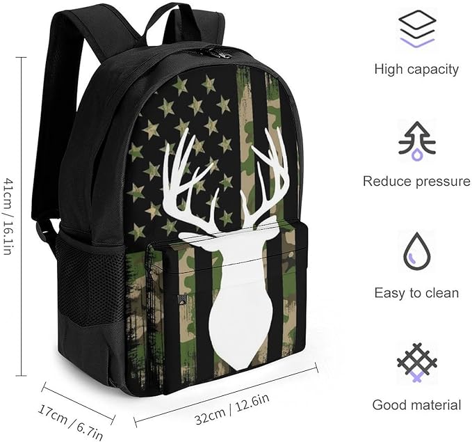 Lightweight Backpack for Gym Travel Bicycle, Big Capacity Multipurpose Anti-Theft Carry On Bag, Camouflage American Flag Hunting Deer Camo Travel Hiking Bag Day Pack