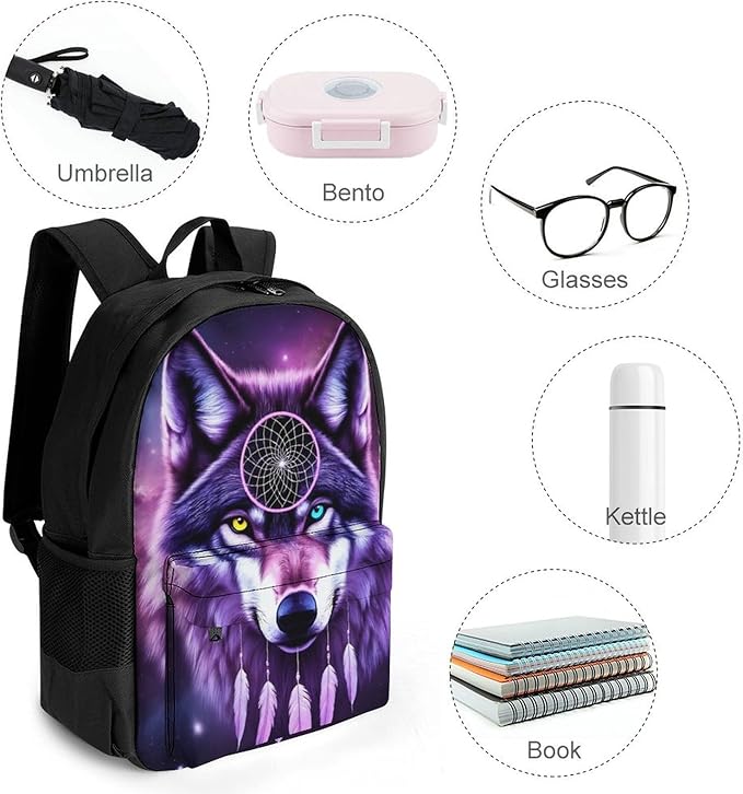 Polyester Daypack Backpack for Sports Travel Running, Big Capacity Anti-Theft Multipurpose Carry On Bag, Purple Galaxy Dream Catcher Wolf Space Fantasy Laptop Book Bag Rucksack
