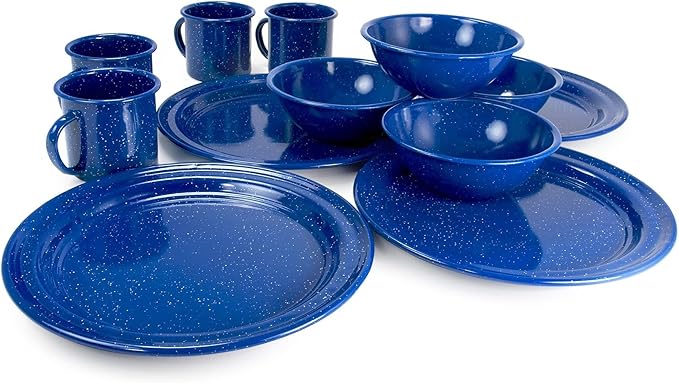 GSI Outdoors Sierra Enamel Table Set for Four with Bowls, Plates and Cups for Camping