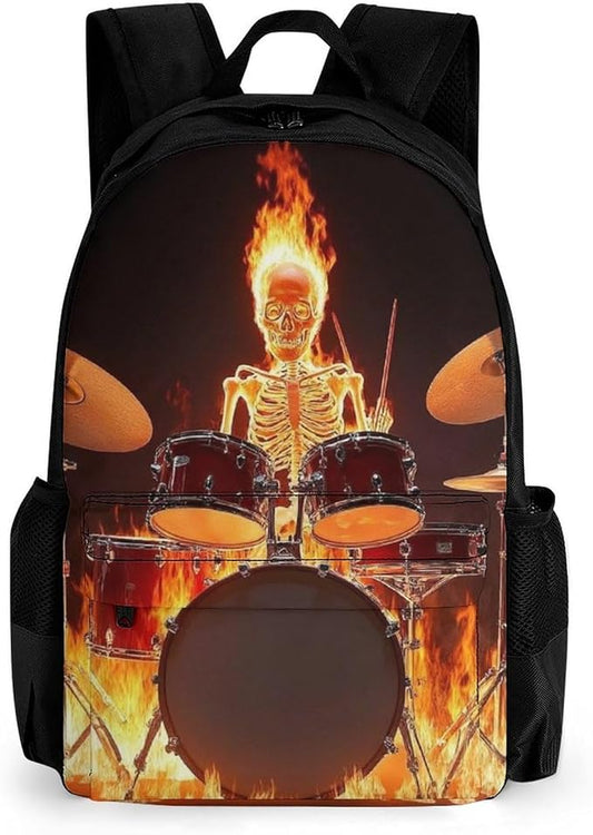 Polyester Daypack for Hiking Work Running, Big Capacity Anti-Theft Multipurpose Shoulder Bag, Rock Drum Fire Flame Skull Skeleton Travel and Sport Backpack Rucksack