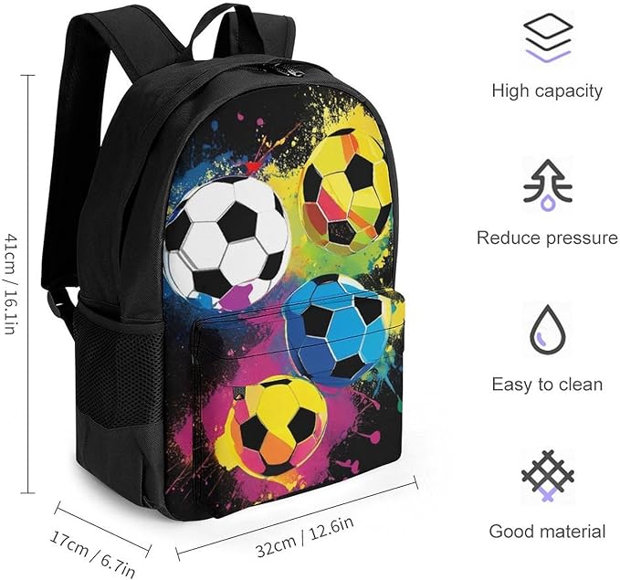 Supdreamc Men Women Polyester Colorful Paint Splash Ink Soccer Ball Football Black Daypack Big Capacity Shoulder Bag With Smooth Zippers for Hiking Work Walking Cycling