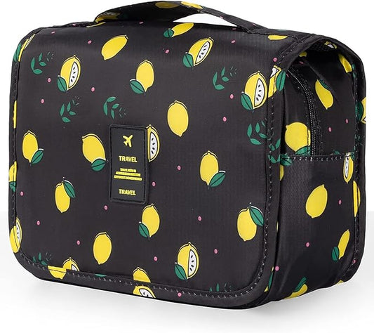 Travel Toiletry Bag for Women, Hanging Toiletry Bag with Multi-Pockets, Toiletry Bag for Traveling Easy Clean, Travel Organizer Bag Black-Lemon
