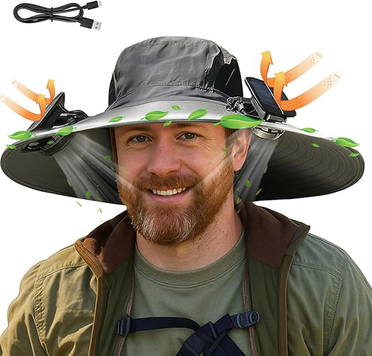 2025 Solar Powered Fan Hat with 2 USB Solar Charging Removable Fans Wide Brim Sun Hat for Outdoor Fishing, Hiking Gardening Black