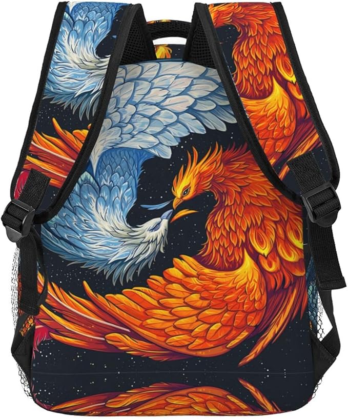 Rucksack Anti-Theft Multipurpose Big Capacity Carry On Bag, Ice Water Fire Flame Phoenix Bird Art Traveling Camping Backpack With Side Pockets