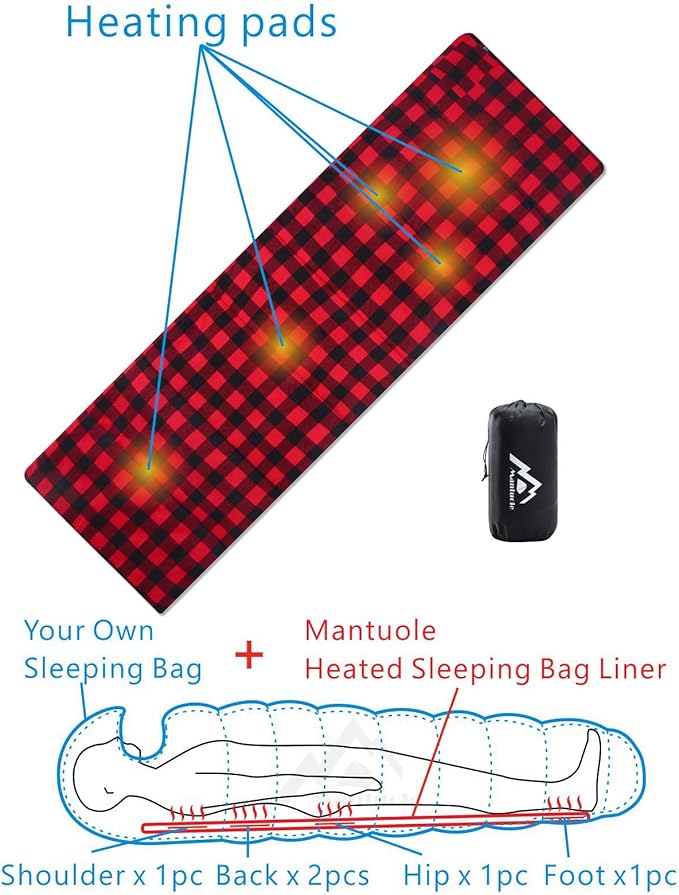 Heated Sleeping Bag pad, Heated Sleeping Bag Liner, 5 Heating Zones, Multi USB Power Supported, Operated by Battery Power Bank or Other USB Power Supply, Compact Bag Included.