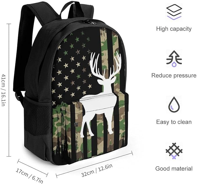 Lightweight Rucksack for Sports Travel Running, Big Capacity Multipurpose Anti-Theft Bookbag, Hunting Deer Camo Camouflage American Flag Black Travel and Sport Backpack Rucksack