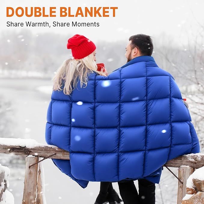 Down Puffy Blanket for 2 Person Car Camping Outdoor Travel Backpacking, 80% Duck Down & 20% Feather Lightweight Portable Soft Warm Cozy Camping Blanket Quilt, Lake Blue