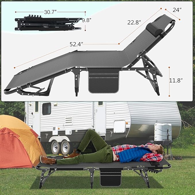 ABORON 3-in-1 Folding Patio Lounge Chair, 440LB Heavy-Duty Tri-Fold Guest Bed with Plush Cotton Cushion, No Assembly Adjustable Recliner for Office Nap, Patio Sunbathing, Poolside & Camping