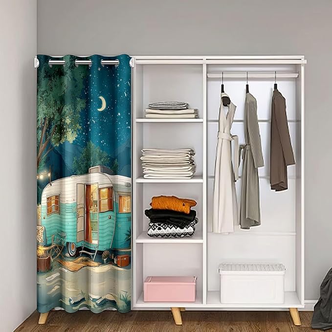 Happy Camping Doorway Curtains Privacy Vintage RV Camper Cabin Room Decor Blackout Curtain Rustic Watercolor Mountain Tree Closet Door Curtain Retro Camping Aesthetic Room Divider Drape 59"W x 80"L