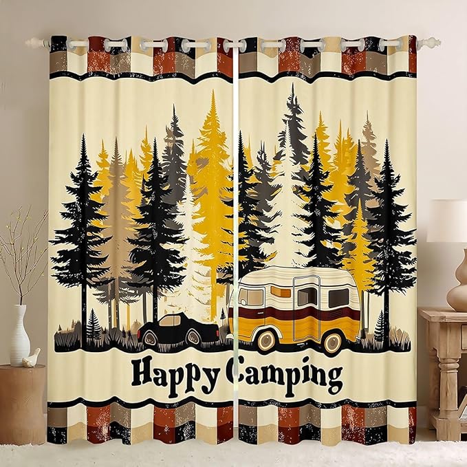 jejeloiu Happy Camping Curtains for Bedroom Living Room RV Camping 30%-50% Blackout Darkening Drapes Pine Tree Window Treatments, 2 Panels 42 x 63 Inch Rustic Plaid Room Decor