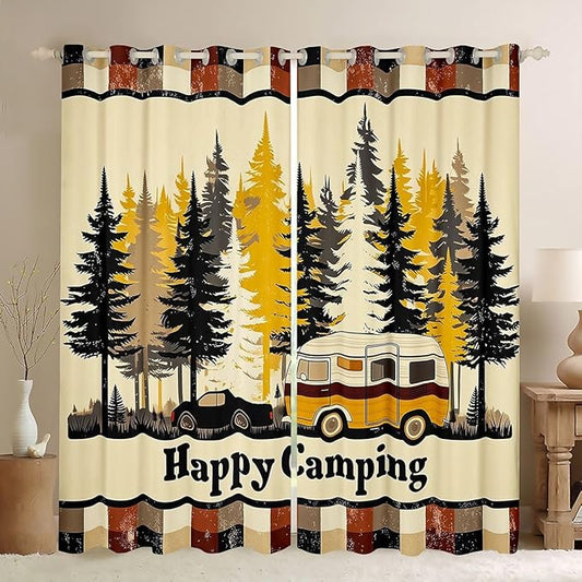 jejeloiu Happy Camping Curtains for Bedroom Living Room RV Camping 30%-50% Blackout Darkening Drapes Pine Tree Window Treatments, 2 Panels 38 x 45 Inch Rustic Plaid Room Decor