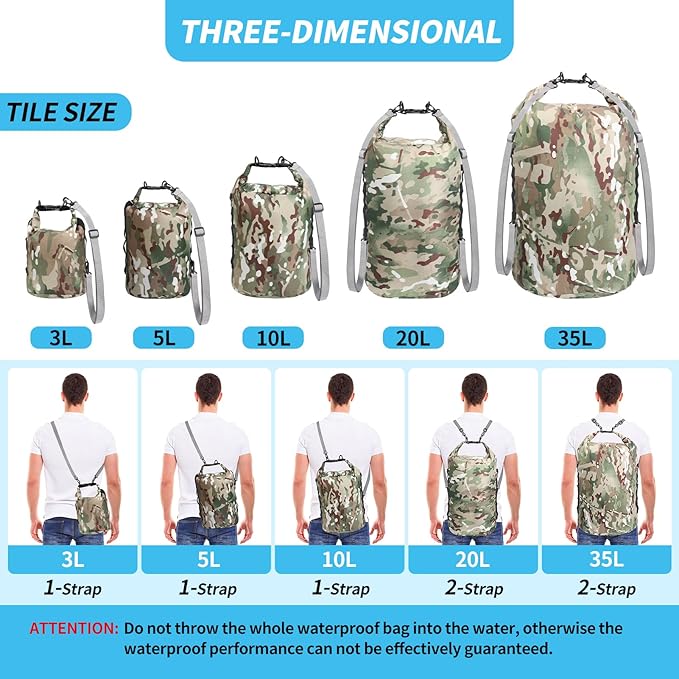 Dry Bags Waterproof Dry Sacks Camouflage Small Lightweight Dry Bag with Strap for Paddle Board Kayaking Fishing Camping Hiking (3L)
