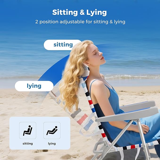 SUNNYFEEL Portable Beach Chair, High Back Folding Beach Chair, Lightweight Camp Chair with Reclining Position, Backpack Lounger for Beach, Camping, Lawn, Outdoor, Red Blue White Striped, 2 Pack