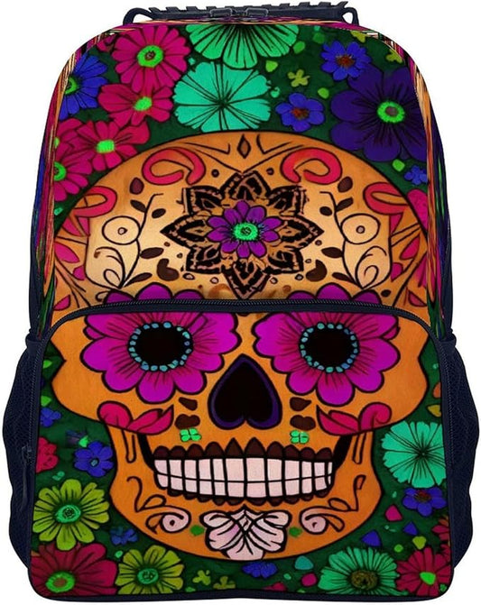 Daypack Backpack Polyester Multipurpose Anti-Theft Grunge Mexican Sugar Skulls Day Of The Dead Flowers Art Shoulder Bag Big Capacity Gym Outdoor Hiking Backpack With Smooth Zippers