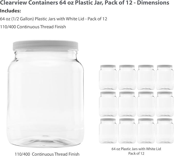 Plastic Storage Jars with Leak Proof Lids, BPA Free, Hand Wash Only (64oz, 12PK White)