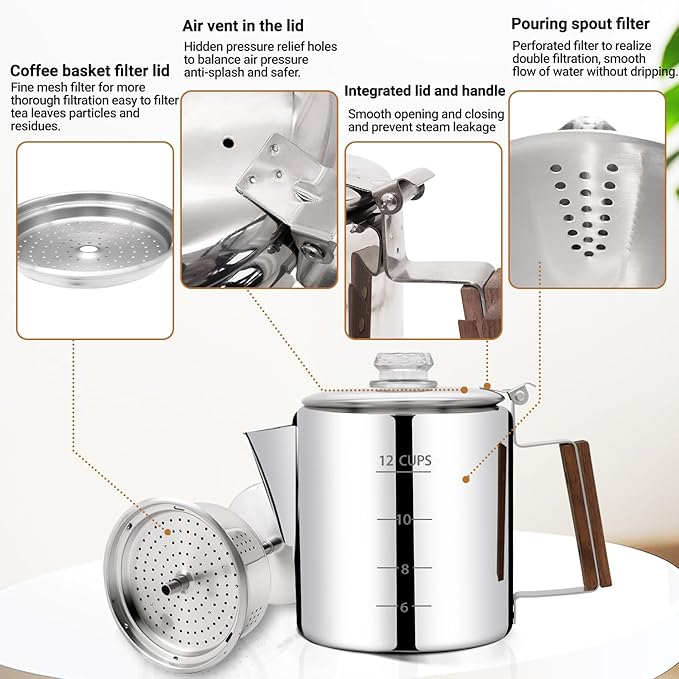 No Coating 12 Cup Percolator Coffee Pot 304 Stainless Steel Moka Pot Stovetop Espresso Maker Italian Greca Cuban Machine 2200ml 74.4oz Suitable for Gas Induction Stovetop Camping Kettle