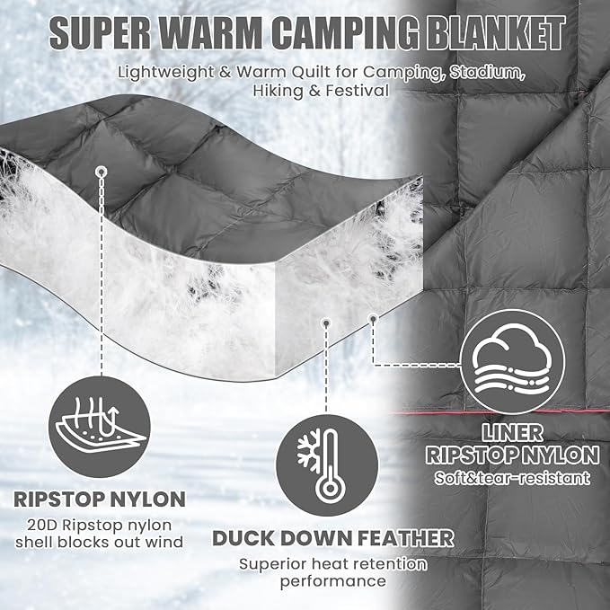 Hooded Down Camping Blanket Waterproof 650 Fill Puffy Poncho Blanket 77" x 50" Packable Wearable Sleeping Bag with Detachable Hat Outdoor Stadium Camping Cold Weather, 1.36 lb(Grey)