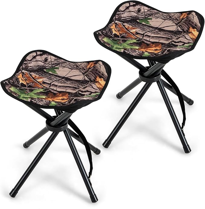 Tangkula 2 Pack Camouflage Hunting Stool, Heavy-Duty 4 Legged Folding Stool with Carrying Strap, Lightweight Portable for Hunting, Fishing, Hiking, Backpacking